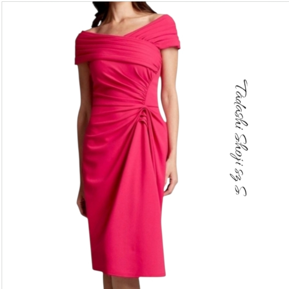 NWT Tadashi Shoji Hudson Crepe Off Shoulder Midi Sz S Cocktail Dress Pink